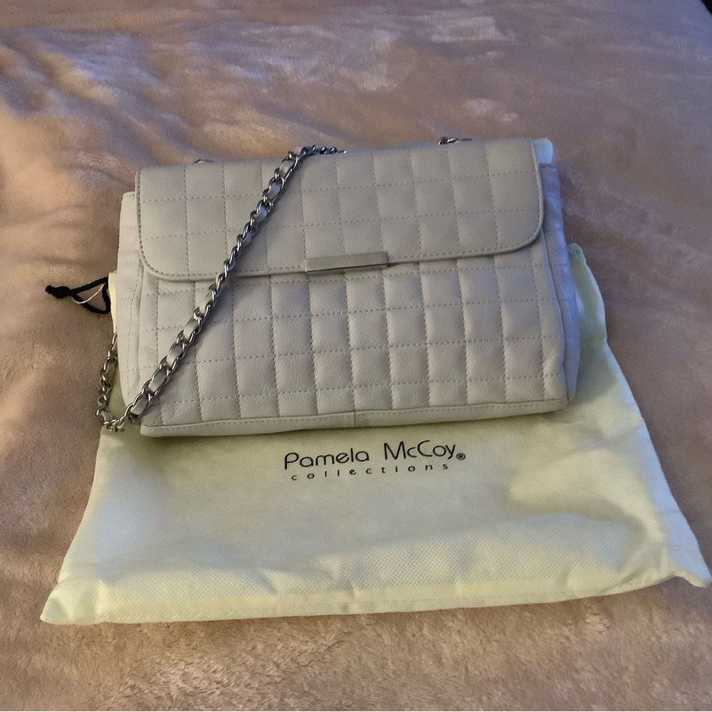 Pamela McCoy Gray Quilted Shoulder Bag with Chain Strap